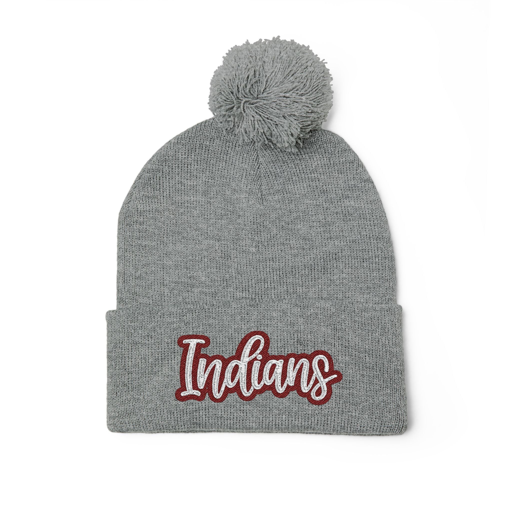 Embroidered 'Indians' Pom-Pom Knit Cap