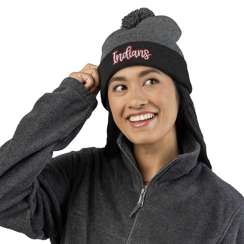 Embroidered 'Indians' Pom-Pom Knit Cap