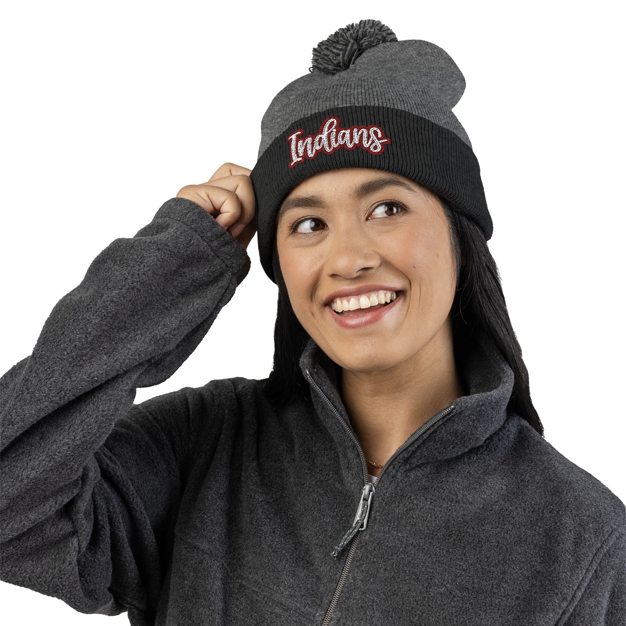 Embroidered 'Indians' Pom-Pom Knit Cap