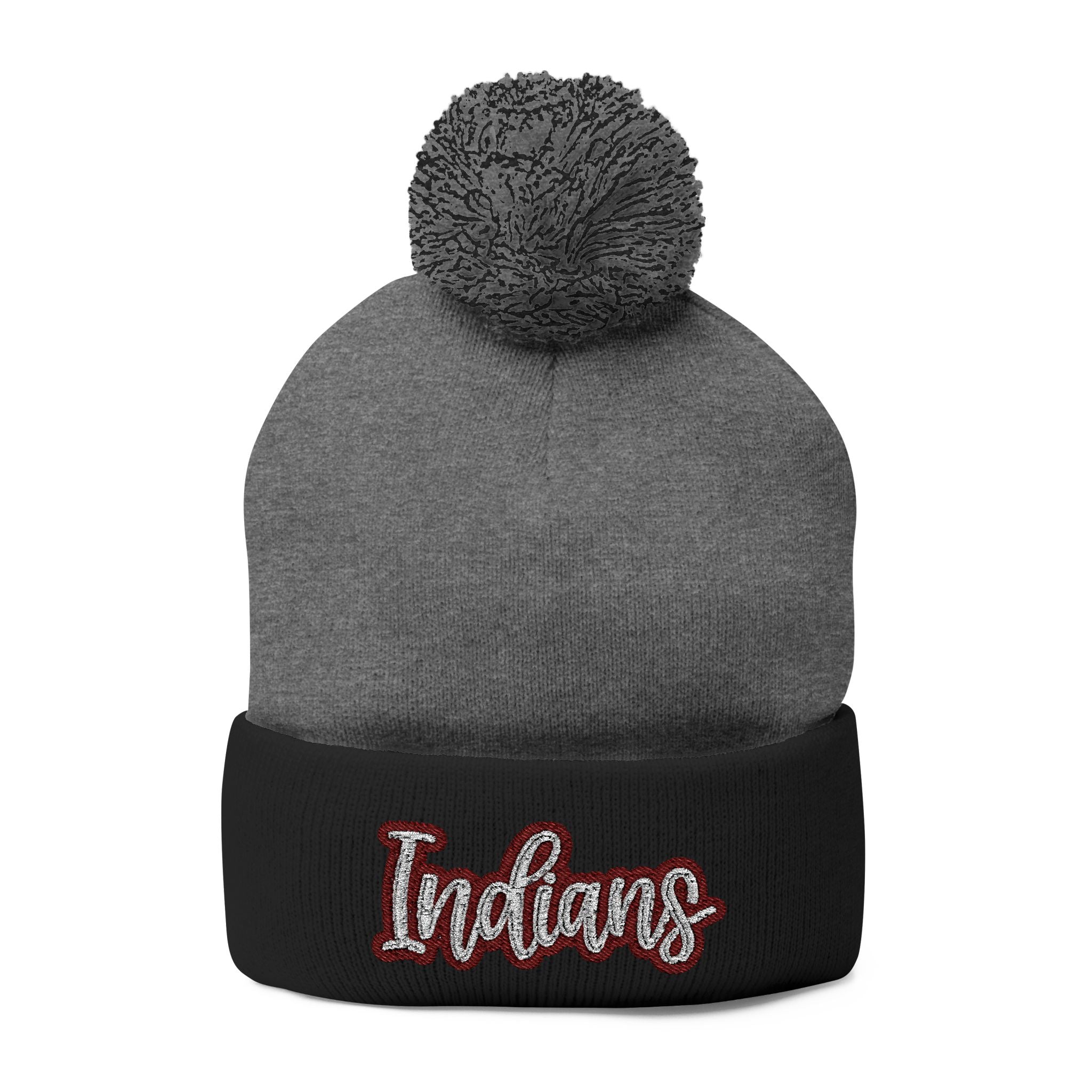 Embroidered 'Indians' Pom-Pom Knit Cap