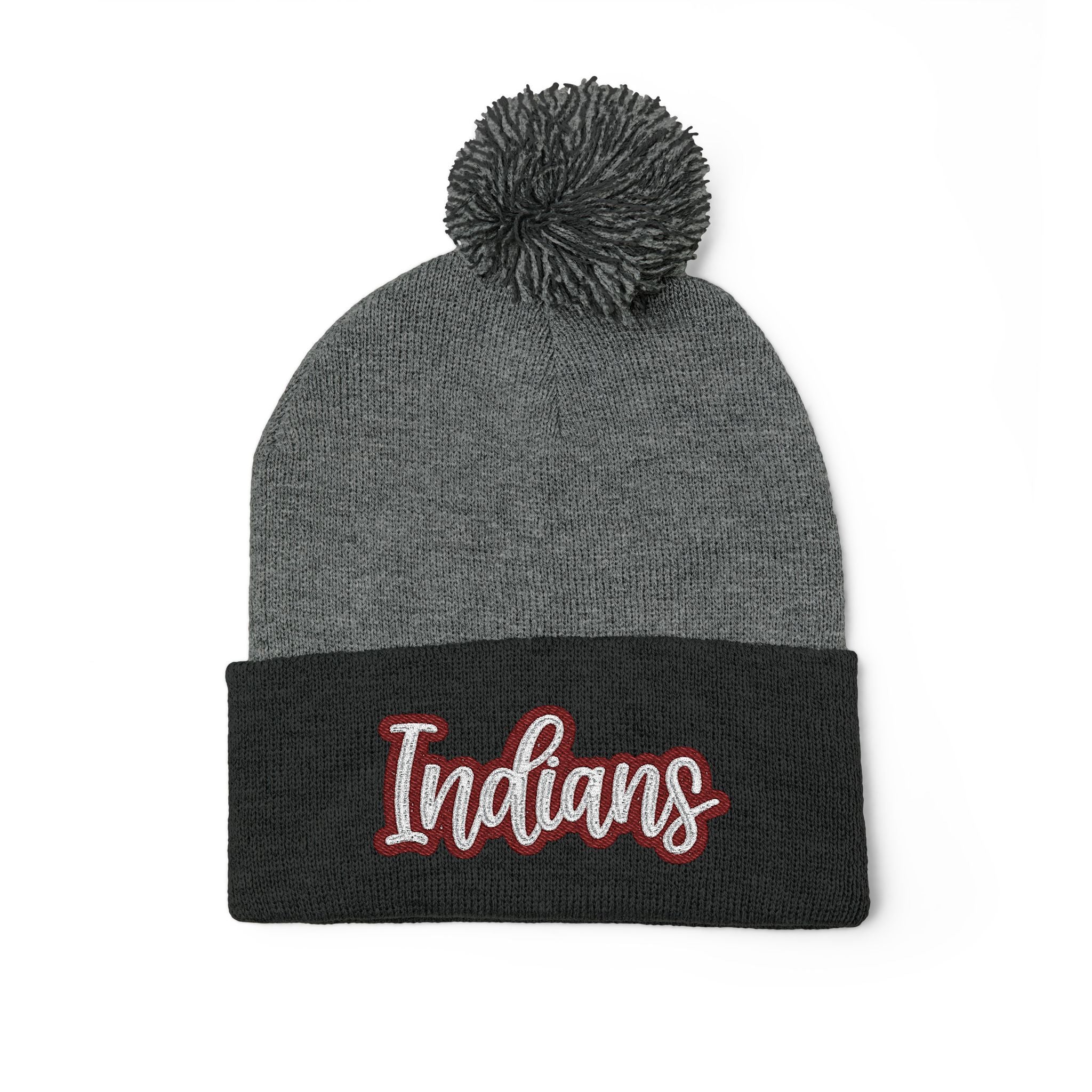 Embroidered 'Indians' Pom-Pom Knit Cap