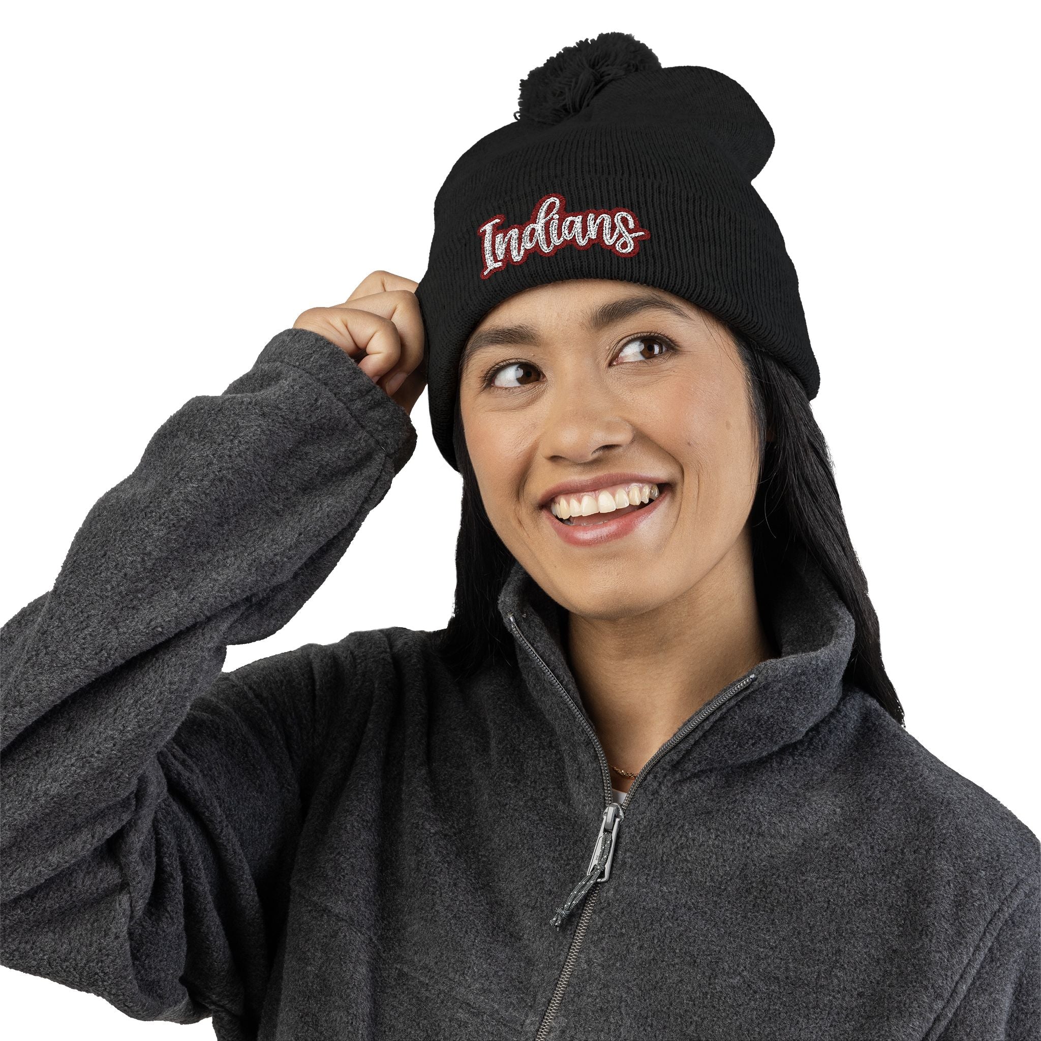 Embroidered 'Indians' Pom-Pom Knit Cap