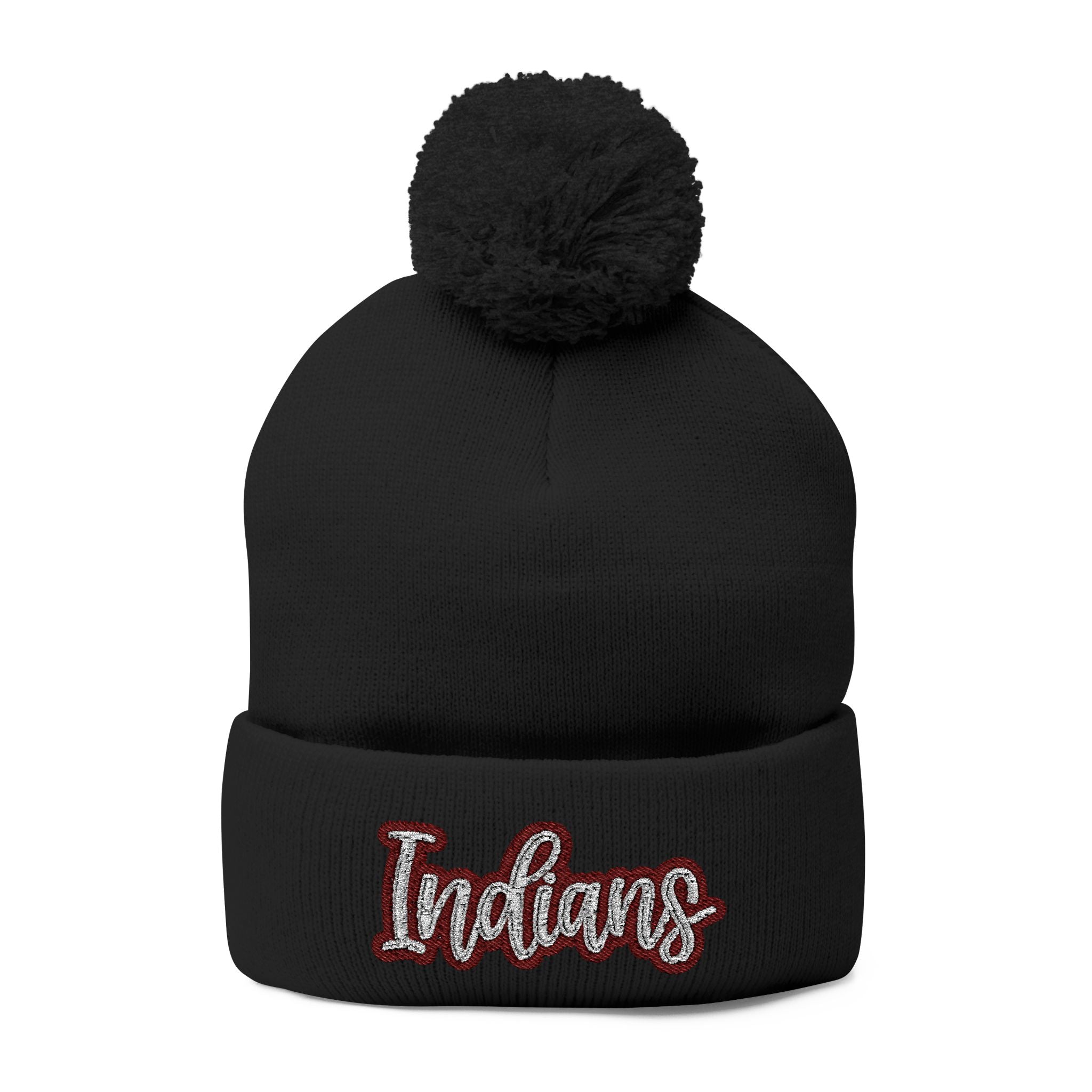 Embroidered 'Indians' Pom-Pom Knit Cap