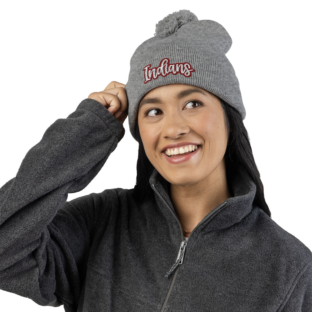 Embroidered 'Indians' Pom-Pom Knit Cap