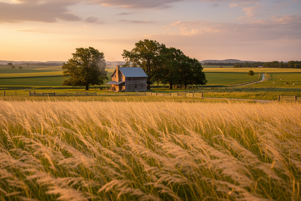 video of homey farm with grass blowing